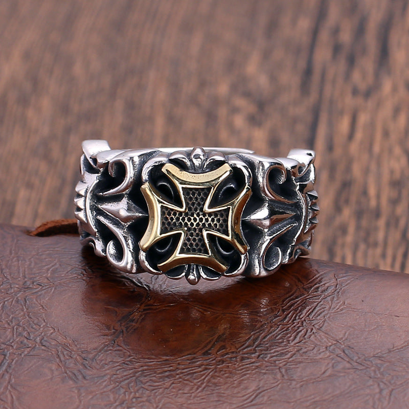 Wholesale Vintage 925 silver cross men's ring male open mouth personality fashion trend adjustable